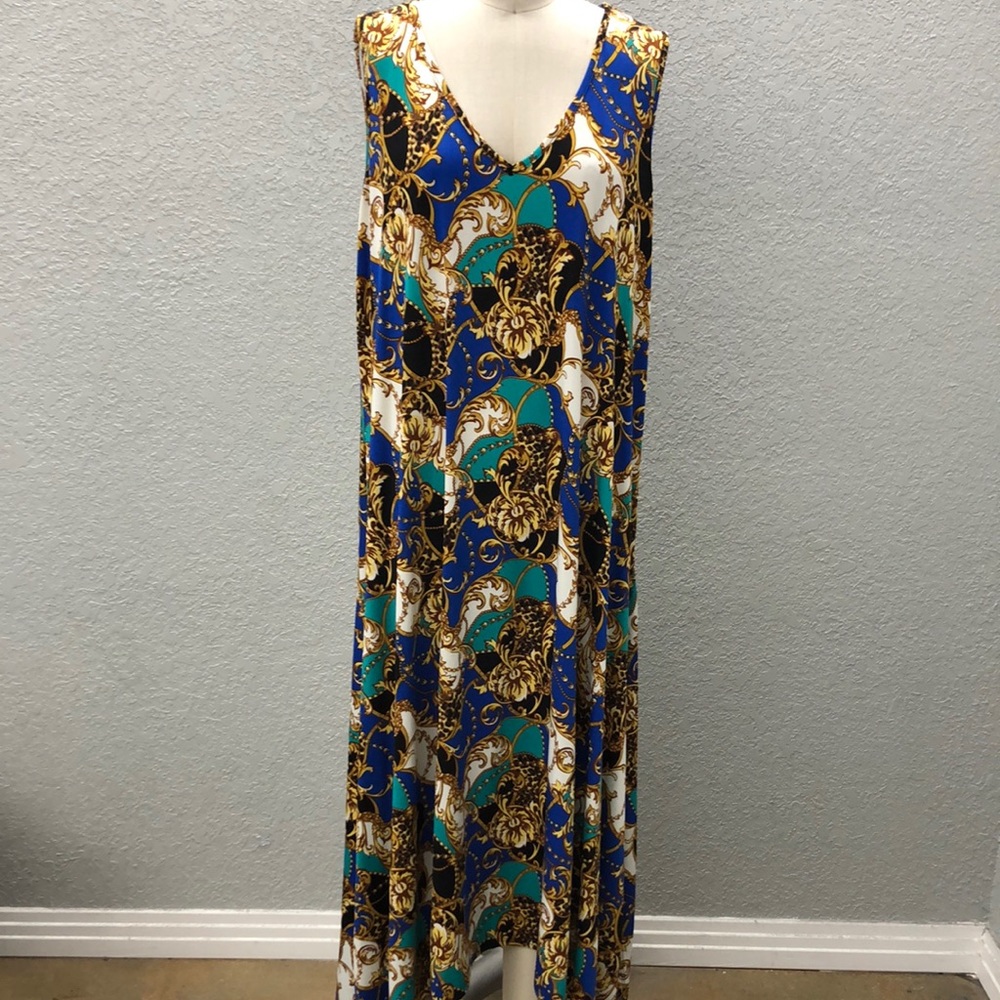 Rae Republic Gold Turquoise Multi Classic Print Stretch Knit Maxi Dress Plus 2X